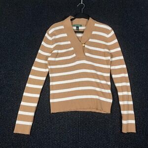 Lauren Ralph Lauren Tan White Striped Ribbed Knit Button V-Neck Sweater Large